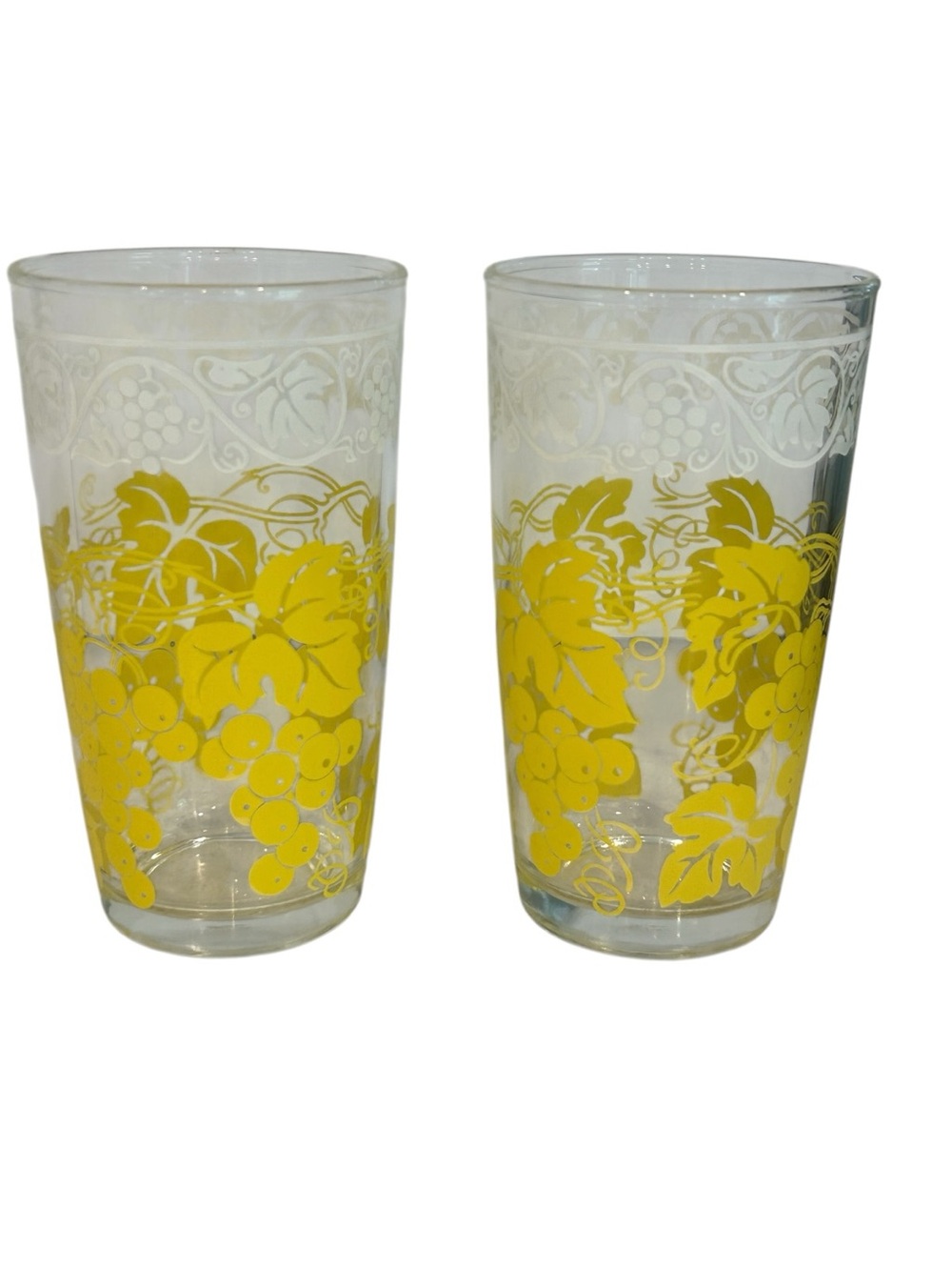 VTG MCM Hazel Atlas Drinking Glasses Grapes Vines Yellow White 10 oz Lot of 2